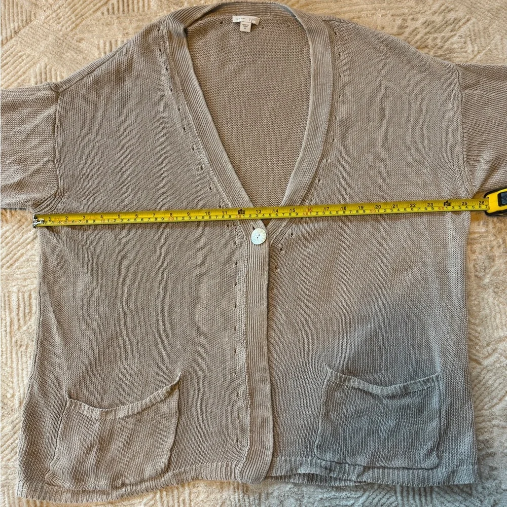 J. Jill Love Linen Cardigan Sweater XL Tan Beige Short Sleeve Button Knit Pocket